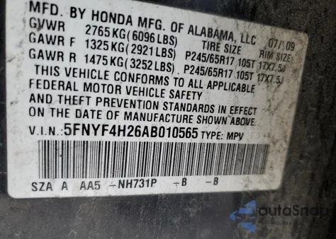 2010 Honda Pilot Lx из США, поврежденный, VIN 5FNYF4H26AB010565